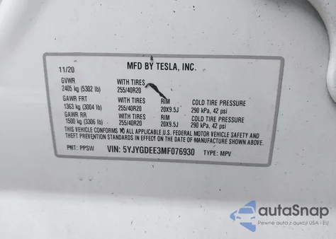 2021 Tesla Model Y Long Range Dual Motor All-Wheel Drive z USA, uszkodzony, nr VIN 5YJYGDEE3MF076930